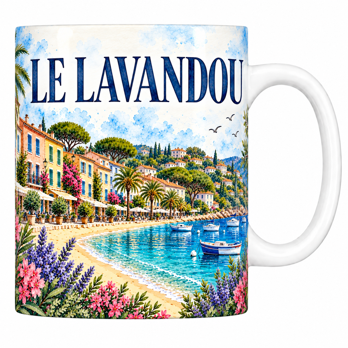 Mug céramique 330 ml Le Lavandou : le front de mer et la plage en aquarelle