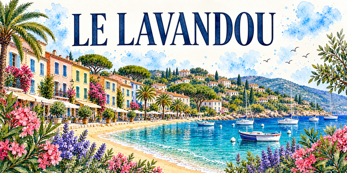 Le Lavandou en aquarelle : les façades jaunes, roses et ocre à volets bleus du front de mer avec leurs stores et leurs terrasses à gauche, les pins parasols et les palmiers, la plage en arc, des voiliers et une barque de pêche au mouillage, les collines des Maures couvertes de villas au fond, lauriers-roses et lavandes au premier plan
