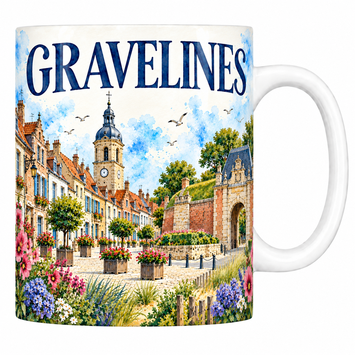 Mug céramique 330 ml Gravelines : le beffroi et la porte fortifiée en aquarelle