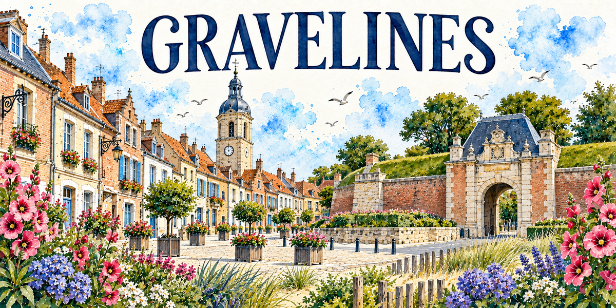 Gravelines en aquarelle : une rue pavée bordée de maisons de brique à toits de tuiles et volets bleus à gauche, des arbres en bacs, le beffroi à bulbe et son horloge au centre, la porte fortifiée de brique avec son fronton sculpté et son arche à droite, les remparts gazonnés, roses trémières et hortensias au premier plan