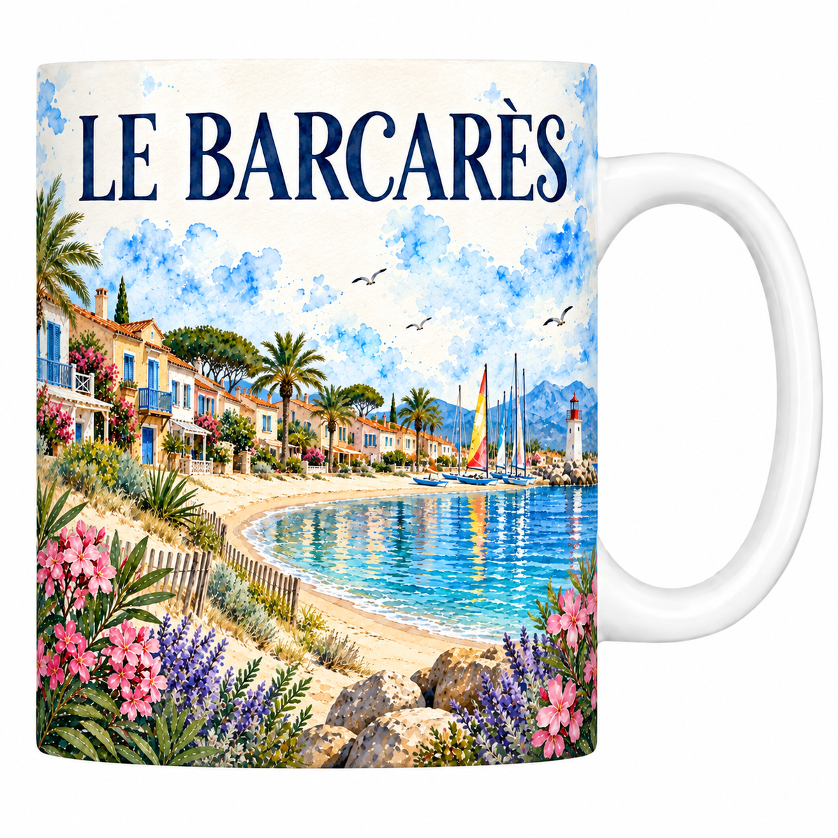Mug céramique 330 ml Le Barcarès : la plage et les villas en aquarelle