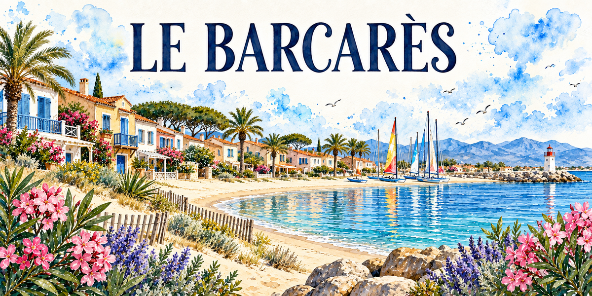 Le Barcarès en aquarelle : les villas à volets bleus et toits de tuiles alignées à gauche sous les palmiers et les pins parasols, la plage en arc de cercle avec ses ganivelles de bois, les catamarans aux voiles rouges, jaunes et bleues tirés sur le sable, la mer turquoise, le petit phare rouge et blanc au bout de la digue d'enrochements, les montagnes bleutées au fond, lauriers-roses et lavandes au premier plan