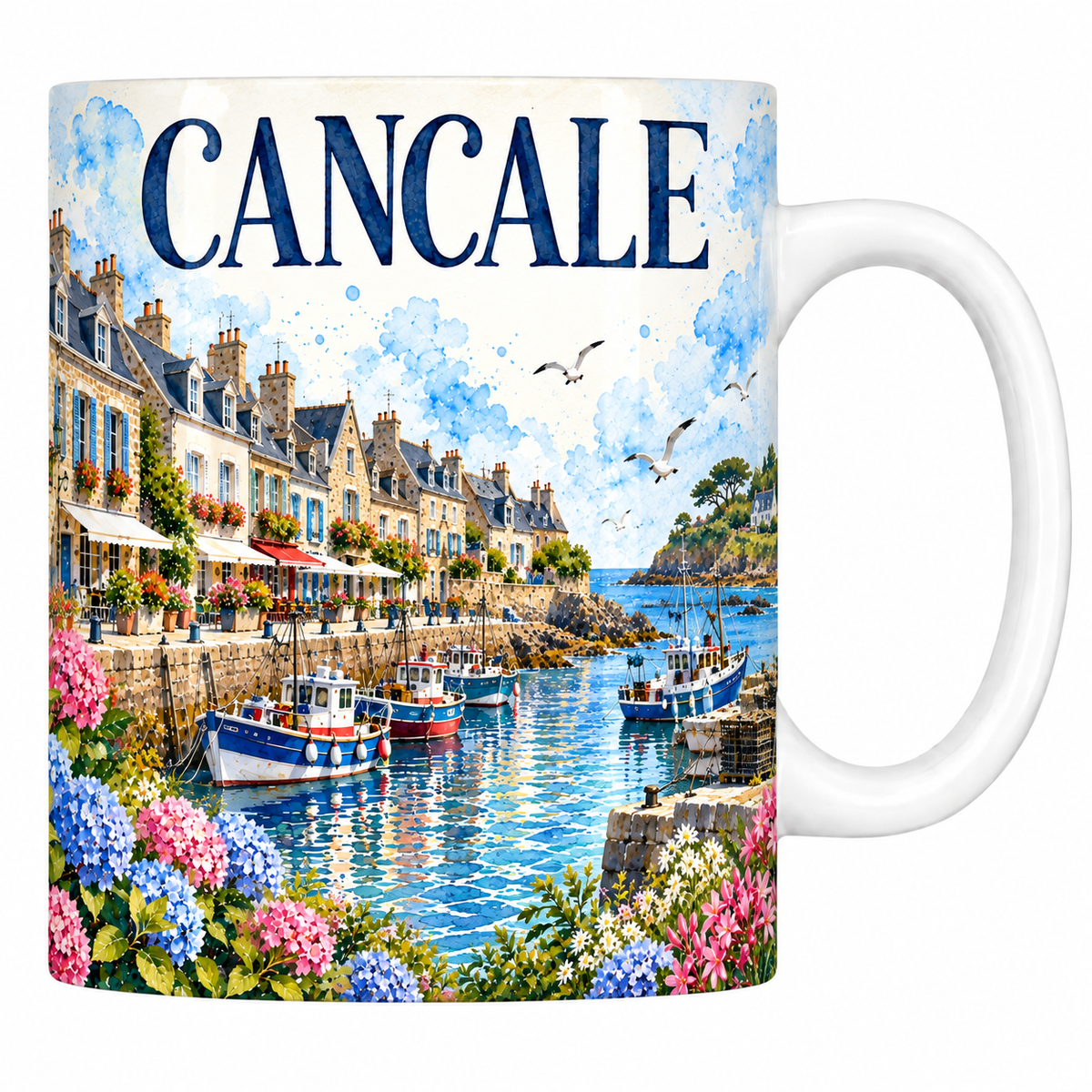 Mug céramique 330 ml Cancale : le quai de la Houle et le port en aquarelle