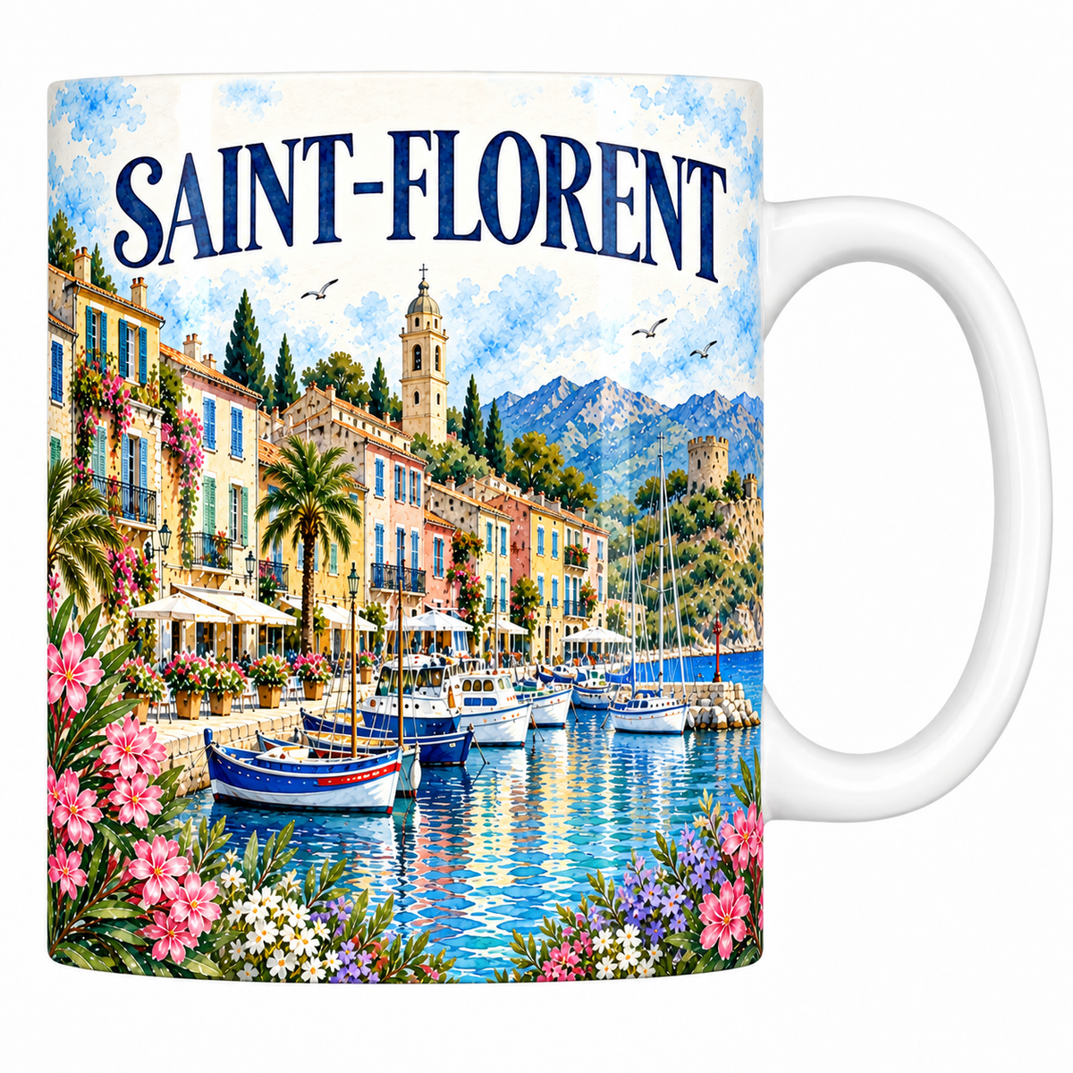Mug céramique 330 ml Saint-Florent : le port et la tour ronde en aquarelle