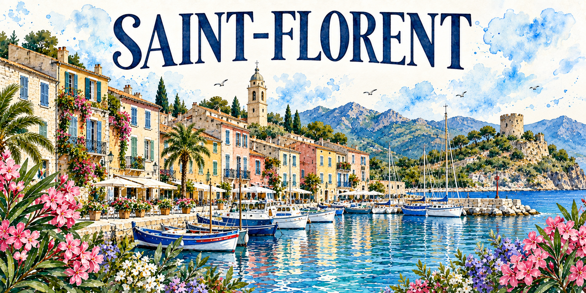 Saint-Florent en aquarelle : les façades ocre, jaunes et roses du quai alignées à gauche sous les palmiers et les bougainvillées, les parasols blancs des terrasses, les pointus colorés et les voiliers amarrés dans le bassin, le clocher qui dépasse des toits, la tour ronde posée sur sa colline boisée à droite, les montagnes du Nebbio au fond, lauriers-roses au premier plan
