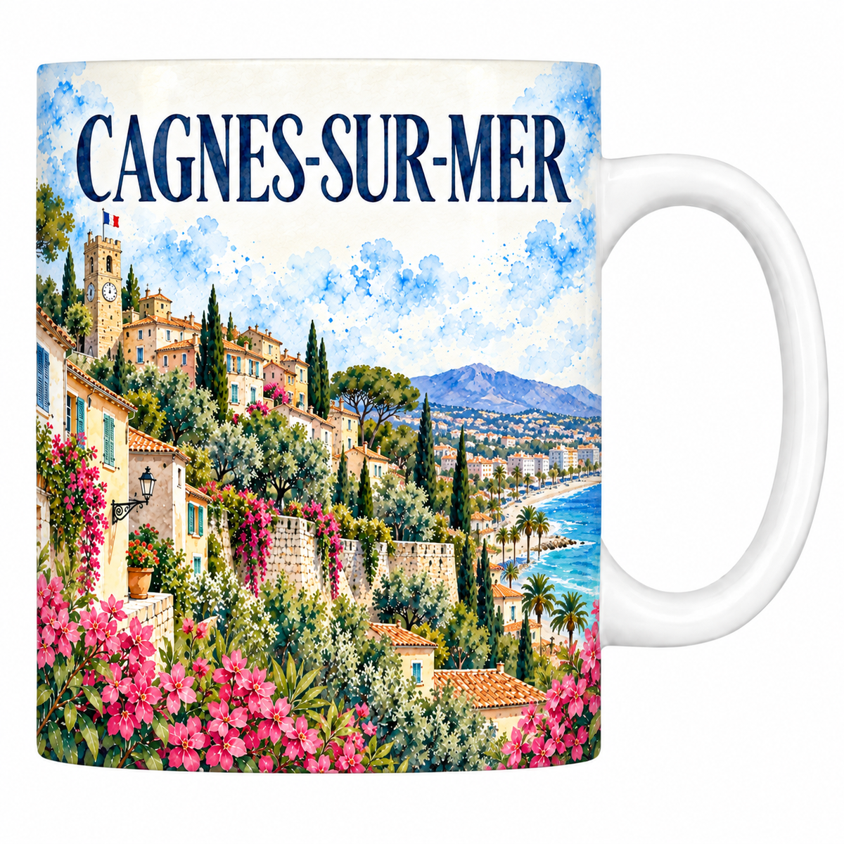 Mug céramique 330 ml Cagnes-sur-Mer : le village perché et la baie en aquarelle