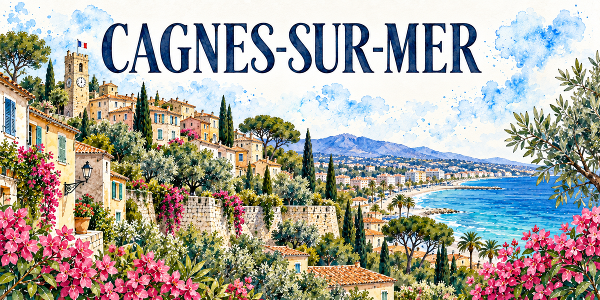 Cagnes-sur-Mer en aquarelle : les maisons ocre, jaunes et roses à volets bleus étagées du village perché à gauche, la tour crénelée du château et son horloge surmontée d'un drapeau, les remparts de pierre, les cyprès et les oliviers, les toits de tuiles en contrebas, le front de mer et ses palmiers, la baie et sa jetée, les collines au fond, bougainvillées roses au premier plan