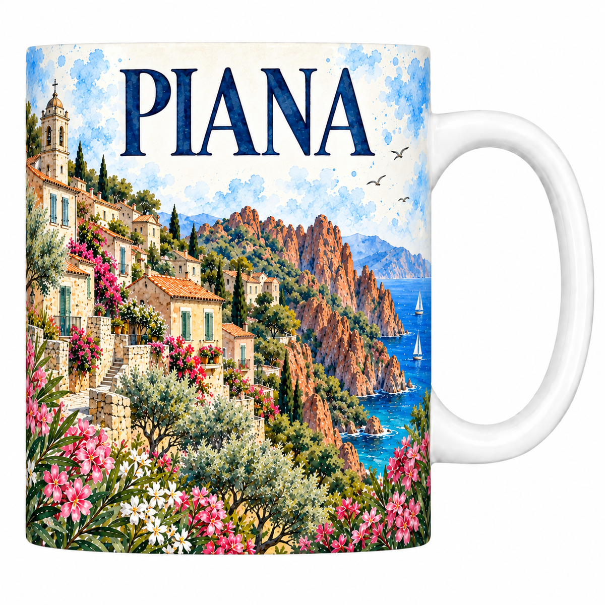 Mug céramique 330 ml Piana : le village et les Calanche en aquarelle