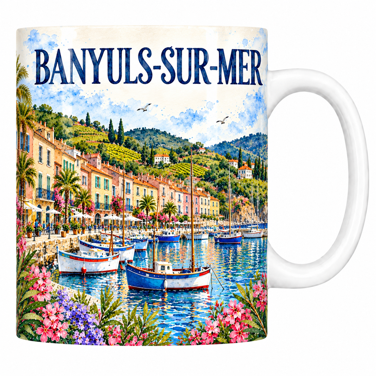 Mug céramique 330 ml Banyuls-sur-Mer : la baie et le front de mer en aquarelle