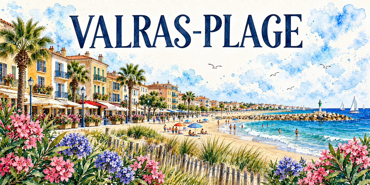 Valras-Plage en aquarelle : les immeubles jaunes et ocre à volets bleus du front de mer alignés à gauche sous les palmiers, les stores et les parasols des terrasses, la promenade et ses lampadaires, la grande plage de sable avec ses baigneurs et ses parasols colorés, les ganivelles de bois et les oyats, la digue d'enrochements et le petit phare blanc, des voiliers au large, lauriers-roses et agapanthes au premier plan
