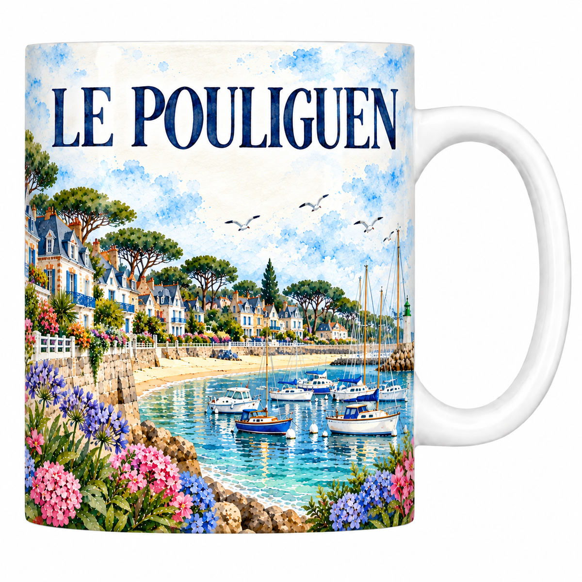Mug céramique 330 ml Le Pouliguen : les villas et le port en aquarelle