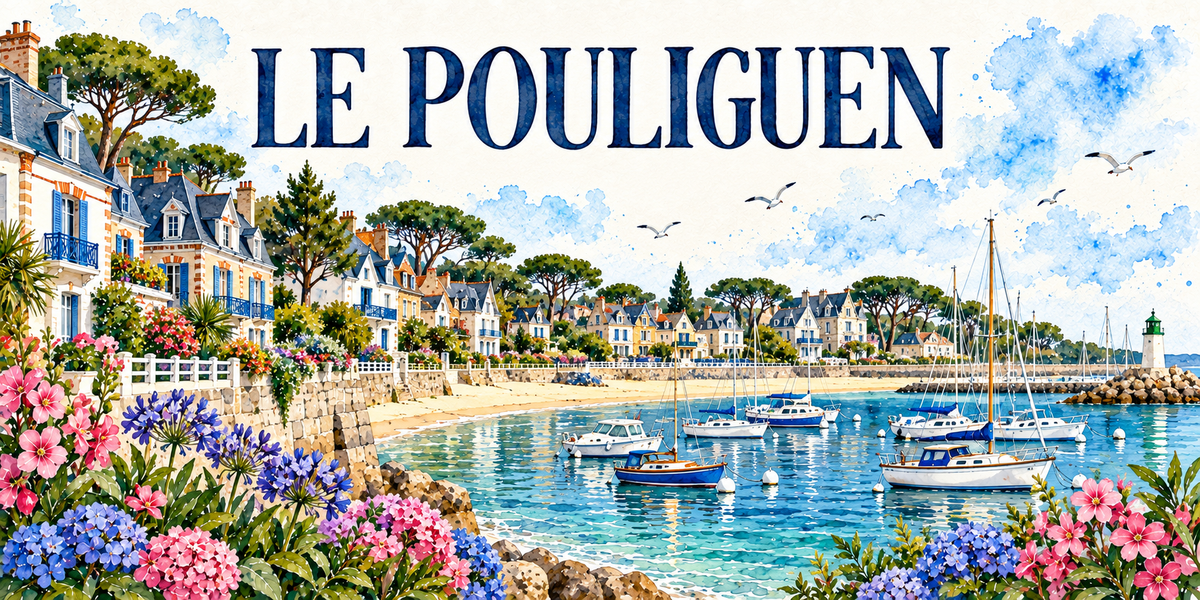 Le Pouliguen en aquarelle : les villas à toits d'ardoise, lucarnes et volets bleus alignées à gauche derrière leur muret de pierre et leur balustrade blanche, les pins parasols et les pins maritimes, la plage de sable en arc, les voiliers et les vedettes au mouillage dans l'eau turquoise, la jetée d'enrochements et son petit phare blanc à lanterne verte, hortensias et agapanthes au premier plan