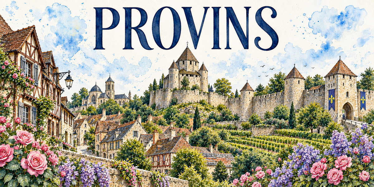 Provins en aquarelle : la tour César et son toit en poivrière flanquée de tourelles au centre, le dôme de la collégiale à gauche, les remparts à tours rondes et carrées et la porte fortifiée avec ses bannières à droite, les maisons à pans de bois rouges et ocre de la rue en contrebas, les jardins en terrasses, roses et lilas au premier plan