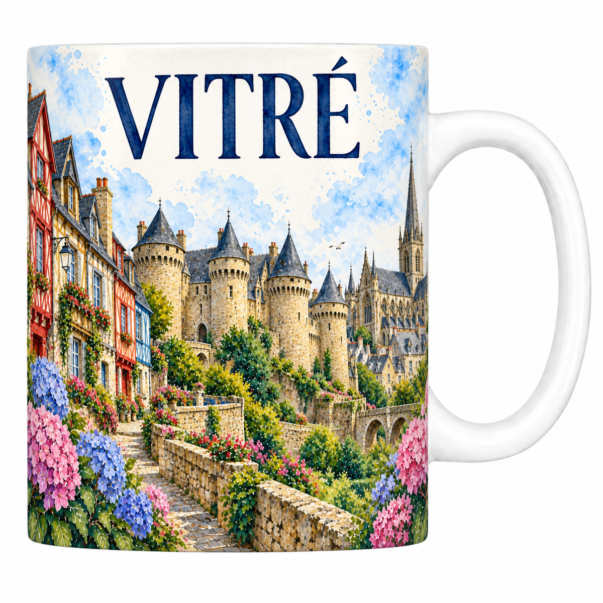Mug céramique 330 ml Vitré : le château et la vieille ville en aquarelle