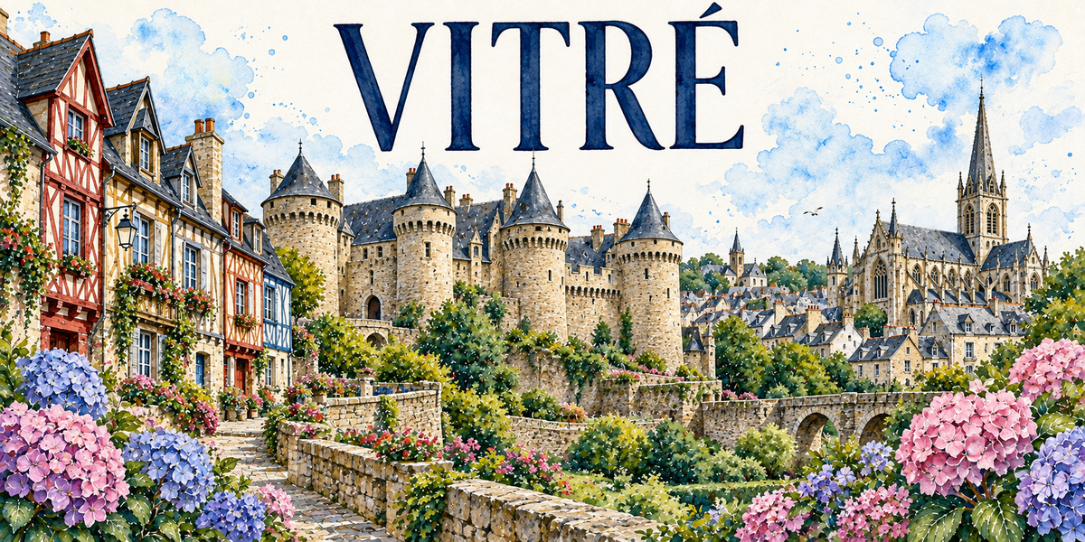 Vitré en aquarelle : les maisons à pans de bois rouges, bleues et jaunes de la rue en pente à gauche, le château triangulaire au centre avec son châtelet d'entrée et ses tours rondes coiffées de toits d'ardoise coniques, les remparts et le pont de pierre à arches, les toits d'ardoise de la ville, la flèche de l'église Notre-Dame à droite, hortensias bleus et roses au premier plan