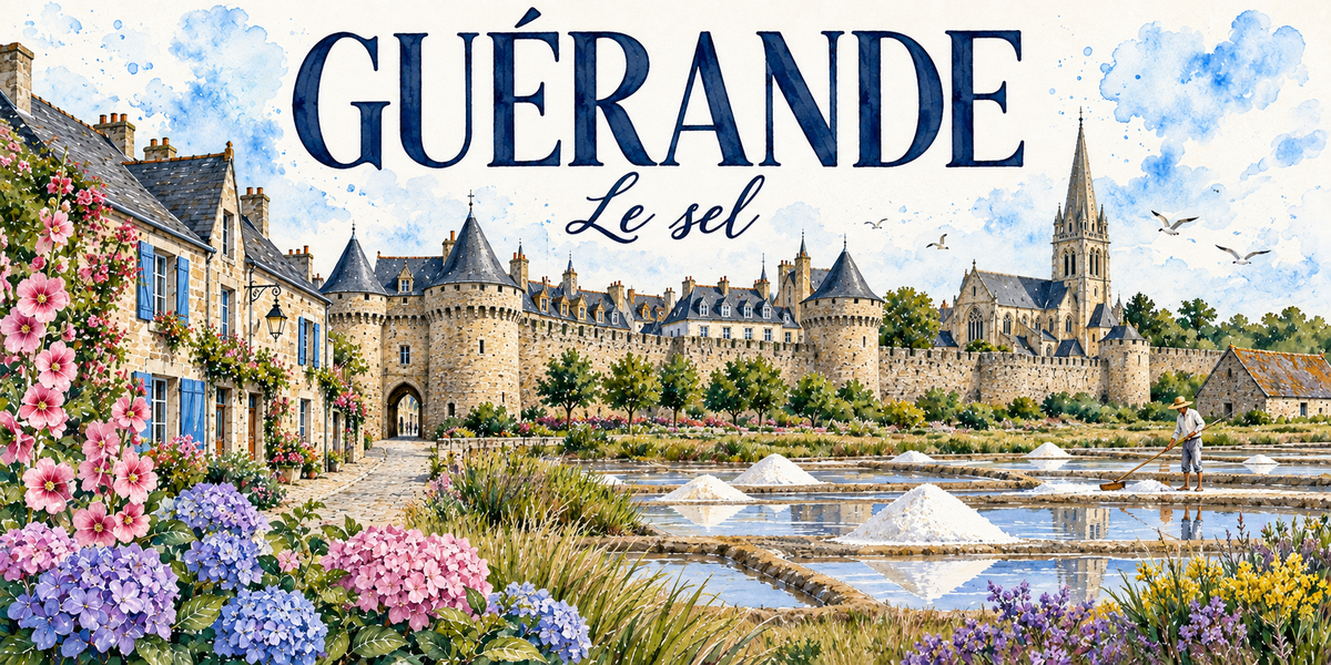 Guérande en aquarelle : les maisons de granit à volets bleus de la rue pavée à gauche, la porte fortifiée et son arche, les remparts et leurs tours à toits d'ardoise coniques au centre, la flèche de la collégiale à droite, les œillets des marais salants au premier plan avec leurs mulons de sel blanc et un paludier au las, roses trémières et hortensias au premier plan