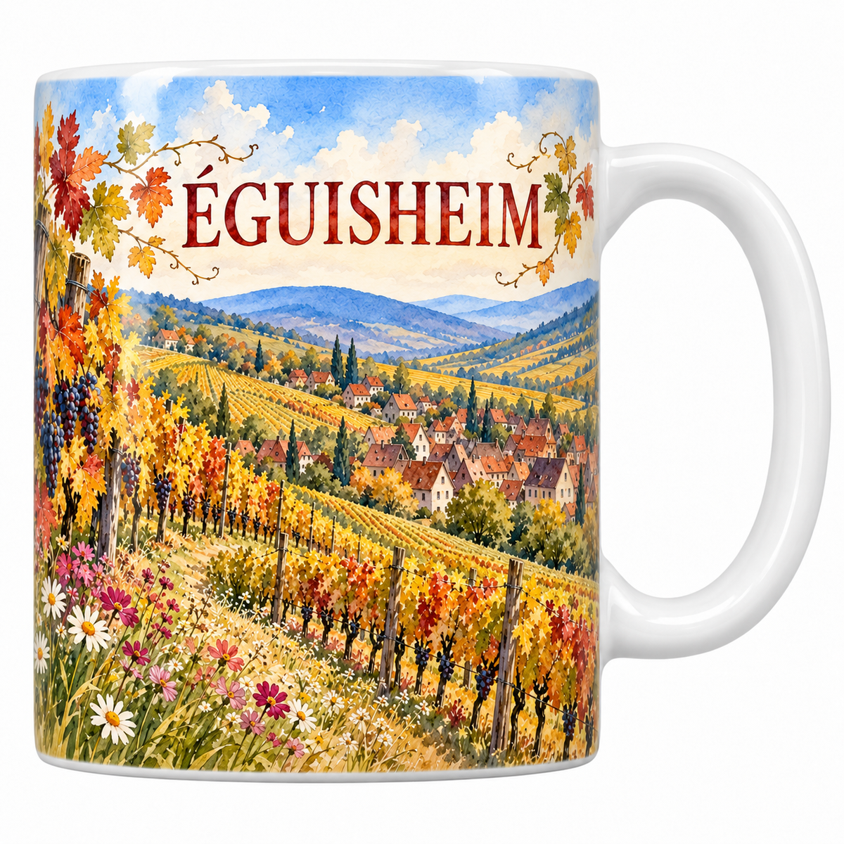Mug céramique 330 ml Eguisheim : le vignoble en couleurs d'automne et le village au creux des coteaux en aquarelle