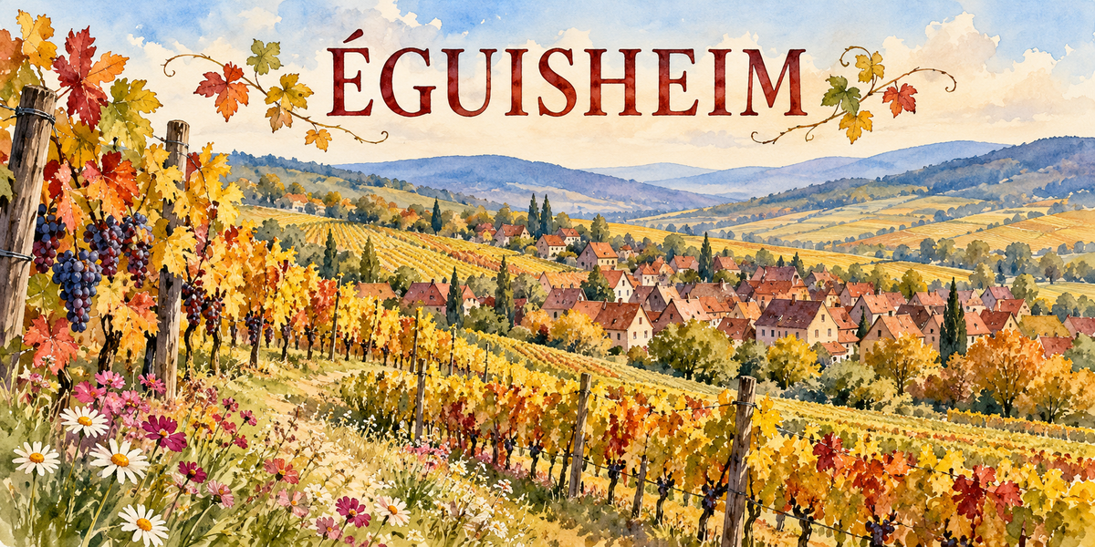 Eguisheim en aquarelle : un vignoble en couleurs d'automne aux feuilles rouges et jaunes descendant vers la vallée, des grappes de raisin noir et des piquets de vigne à gauche, le village aux toits de tuiles et ses clochers au creux des coteaux, les collines boisées au fond, des marguerites et des fleurs roses au premier plan, le nom de la ville en lettres rouges encadré de pampres