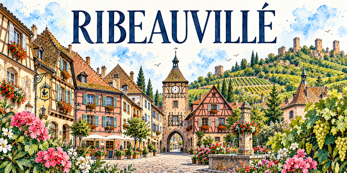 Ribeauvillé en aquarelle : la rue pavée bordée de maisons à colombages roses, jaunes et ocre à volets verts fleuries de géraniums rouges, une enseigne de fer forgé, la tour-porche de pierre à horloge et clocheton au centre, une fontaine, les coteaux de vignes en terrasses et les ruines d'un château sur la crête au fond, grappes de raisin blanc au premier plan