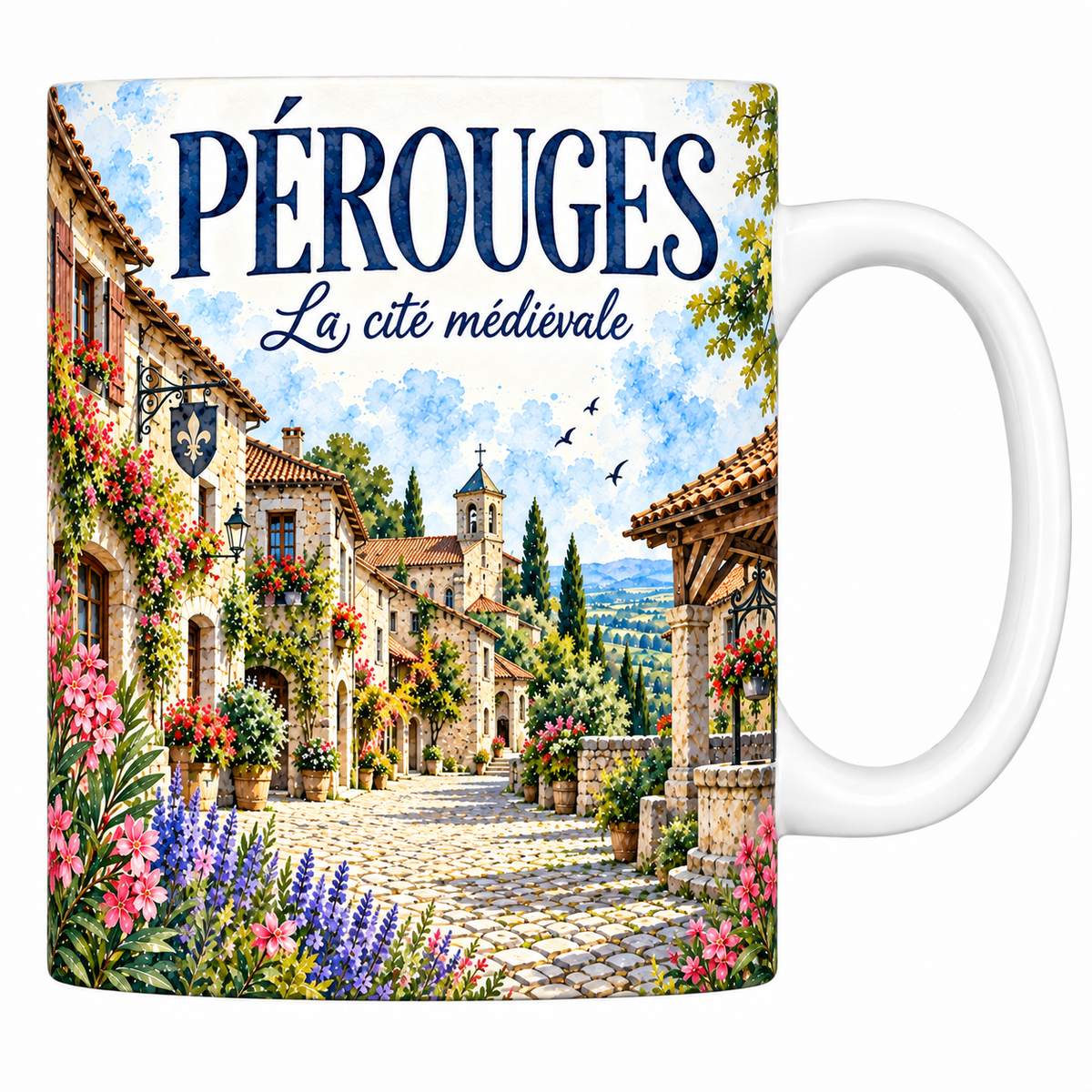 Mug céramique 330 ml Pérouges : la place pavée et la halle en aquarelle