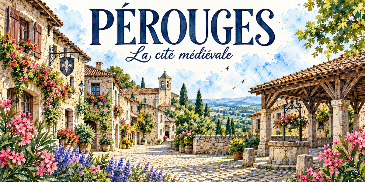 Pérouges en aquarelle : les maisons de pierre à volets bruns croulant sous les fleurs à gauche avec leur enseigne de fer forgé et leur lanterne, la place pavée et son puits de pierre, la halle couverte à charpente de bois et piliers de pierre à droite, le clocher au centre, les cyprès et la plaine au fond, lauriers-roses et lavandes au premier plan