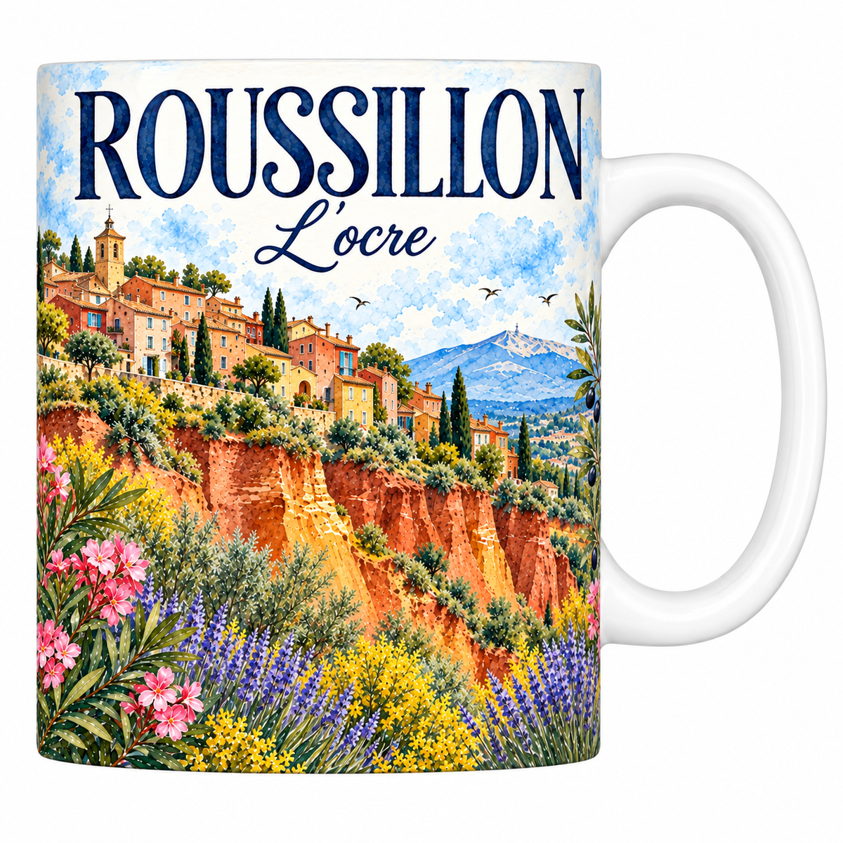 Mug céramique 330 ml Roussillon : le village perché et les falaises d'ocre en aquarelle