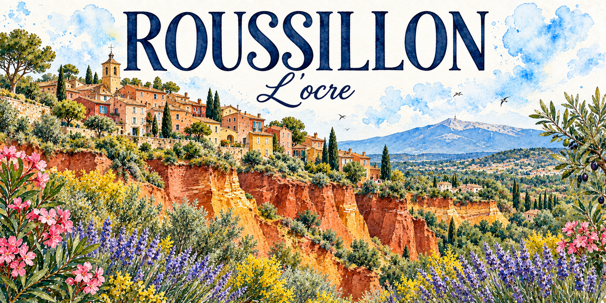 Roussillon en aquarelle : le village perché à gauche avec ses façades ocre, jaunes, rouges et roses étagées, son clocher surmonté d'un campanile de fer forgé, les cyprès et les pins, les falaises d'ocre orangées et jaunes érodées en cheminées au premier plan, les oliviers et les champs, le mont Ventoux à sommet dénudé au fond, lavandes, genêts et lauriers-roses au premier plan