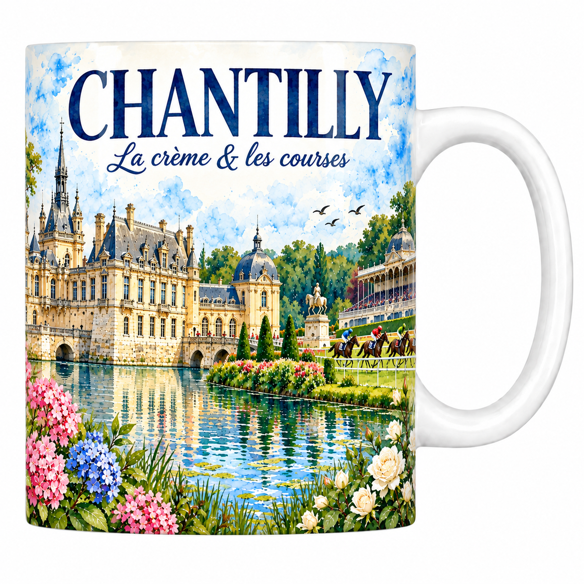 Mug céramique 330 ml Chantilly : le château et l'hippodrome en aquarelle
