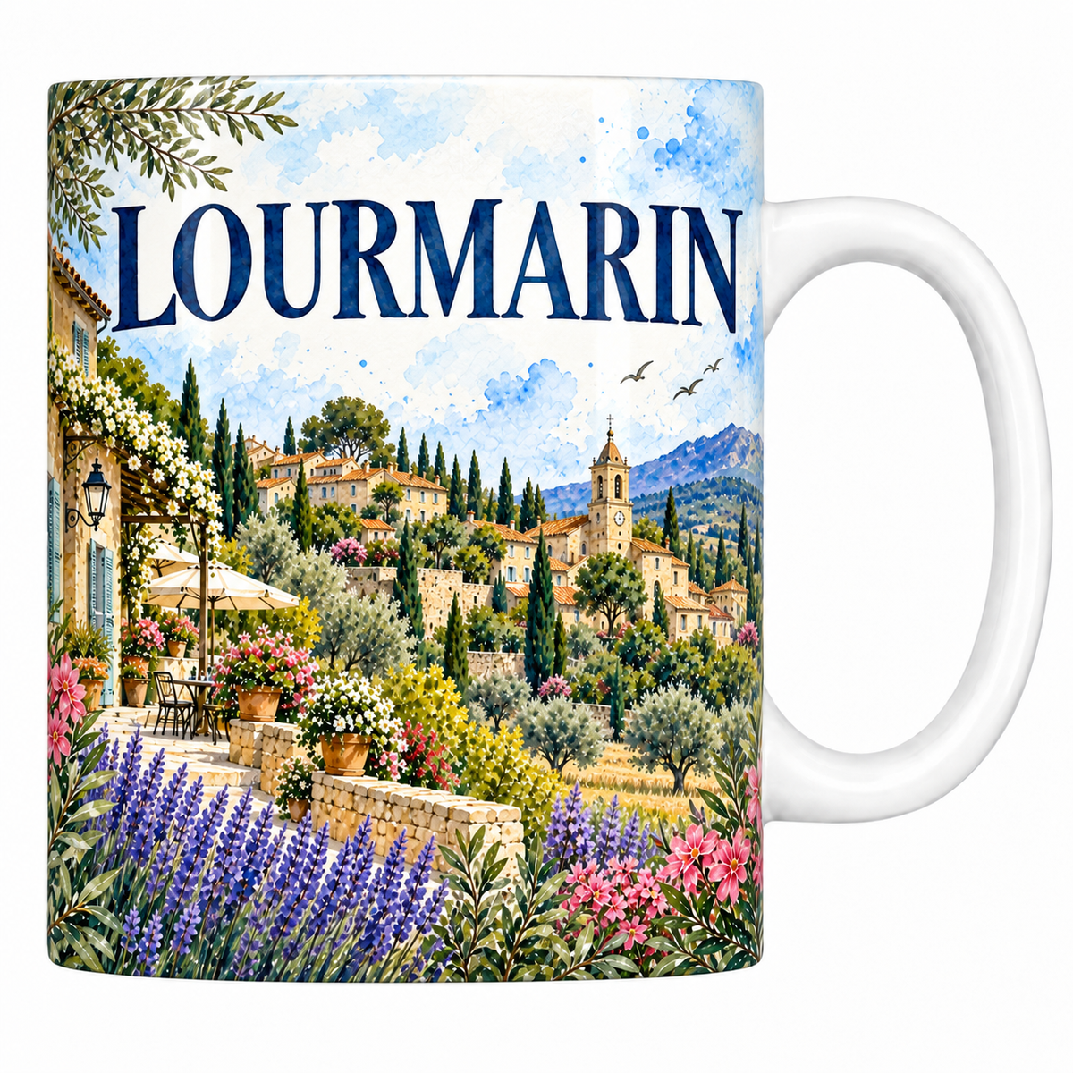 Mug céramique 330 ml Lourmarin : le village et l'oliveraie en aquarelle