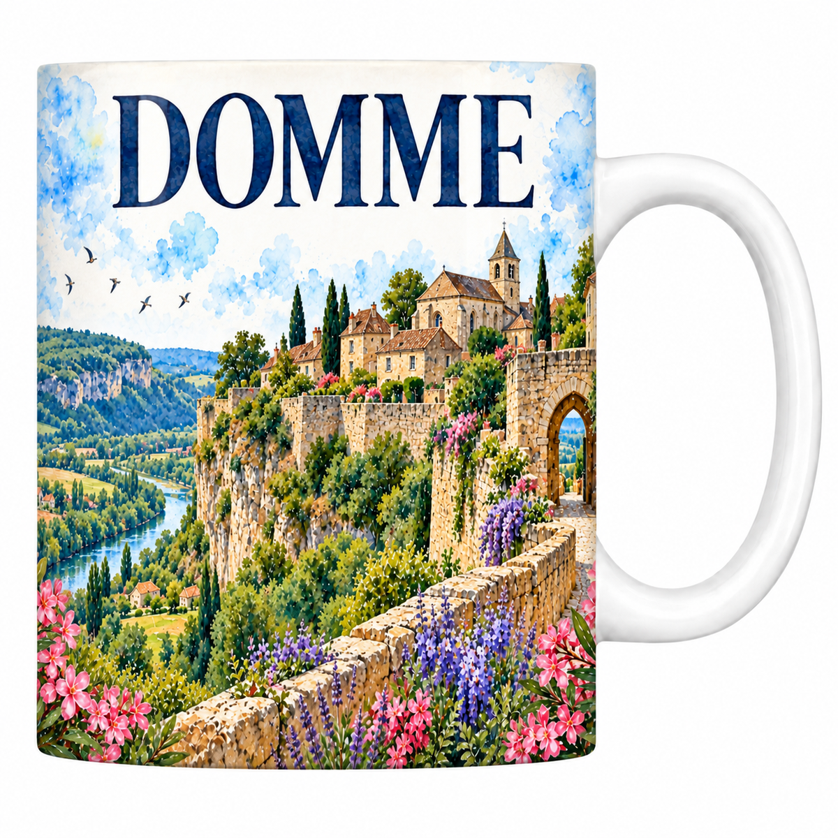 Mug céramique 330 ml Domme : le village perché et la vallée en aquarelle