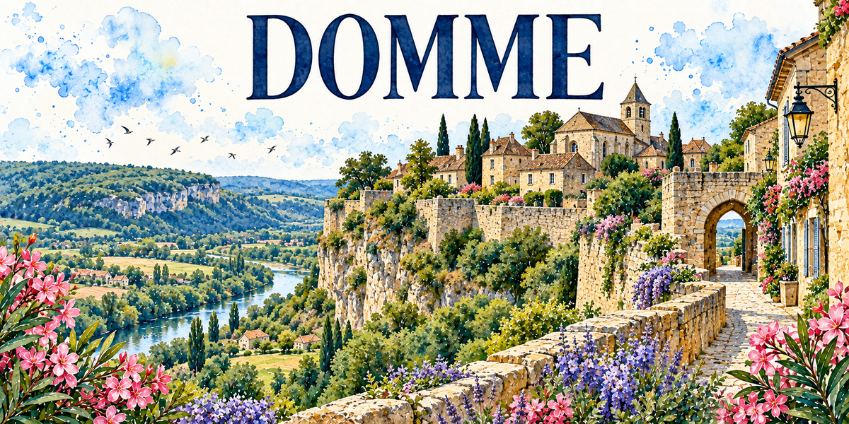 Domme en aquarelle : la ruelle pavée bordée de maisons de pierre blonde à droite avec sa lanterne de fer forgé et ses fleurs, la porte fortifiée en arc, les remparts et leurs murs posés au bord de la falaise, le village étagé aux toits de tuiles avec son clocher au centre, les cyprès, la vallée boisée et la rivière en contrebas, lauriers-roses et lavandes au premier plan