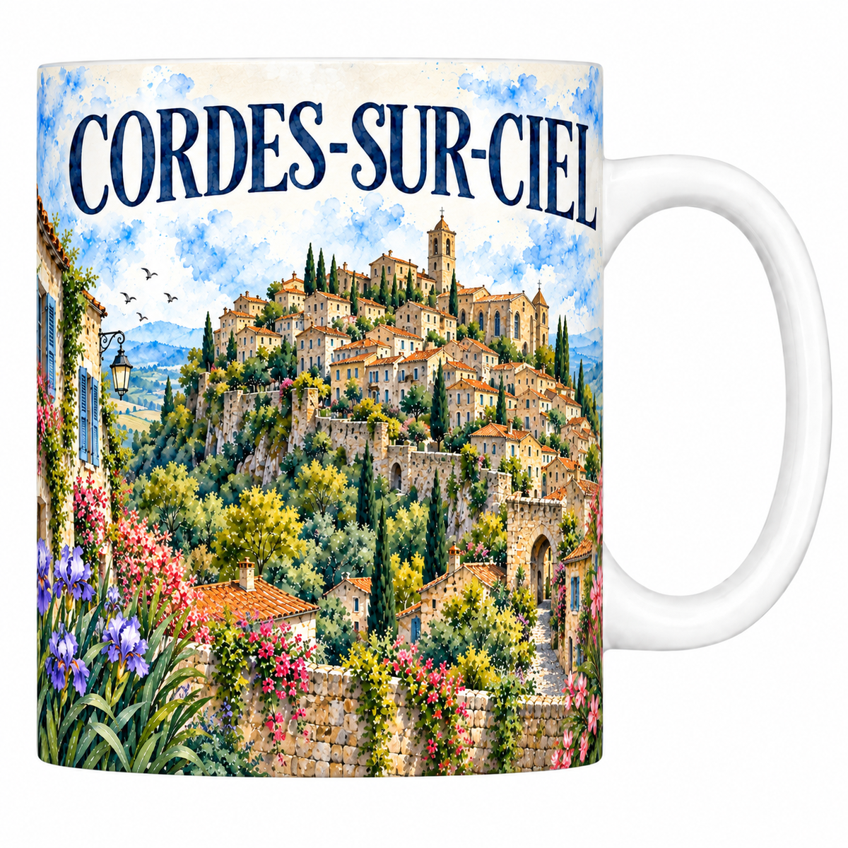 Mug céramique 330 ml Cordes-sur-Ciel : le village perché en aquarelle