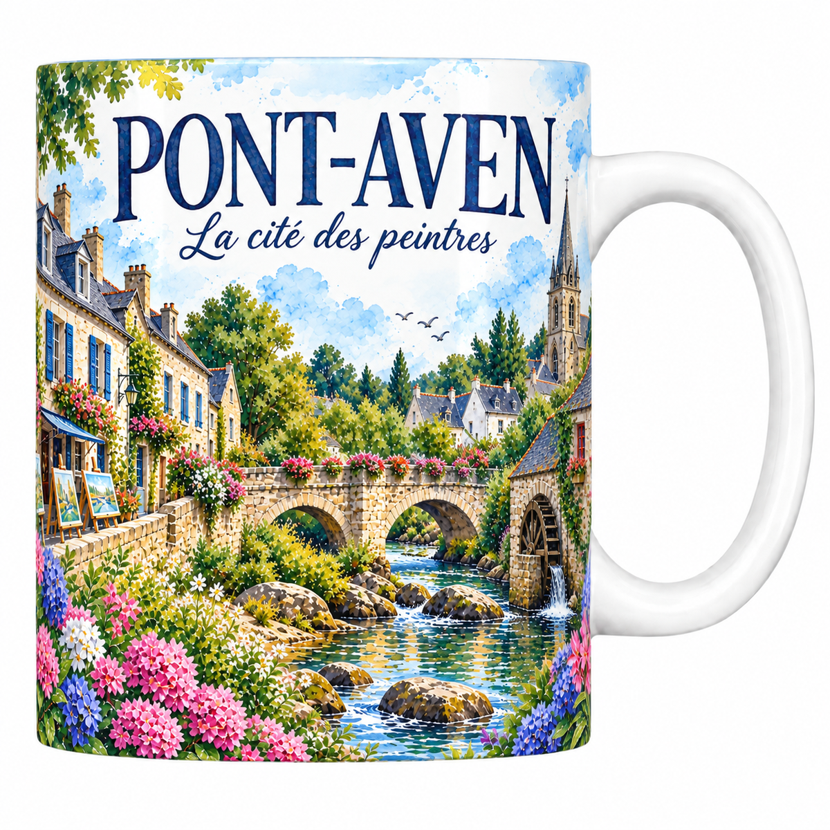 Mug céramique 330 ml Pont-Aven : le pont, le moulin et l'Aven en aquarelle