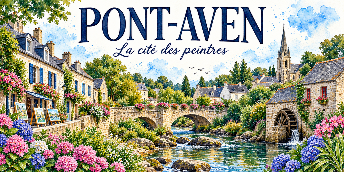 Pont-Aven en aquarelle : les maisons de pierre à volets bleus du quai à gauche avec leur store et des toiles posées sur chevalets devant, le pont de pierre à deux arches au centre, le moulin de pierre et sa roue à aubes à droite, la rivière et ses rochers, les arbres et la flèche de l'église au fond, hortensias bleus et roses au premier plan