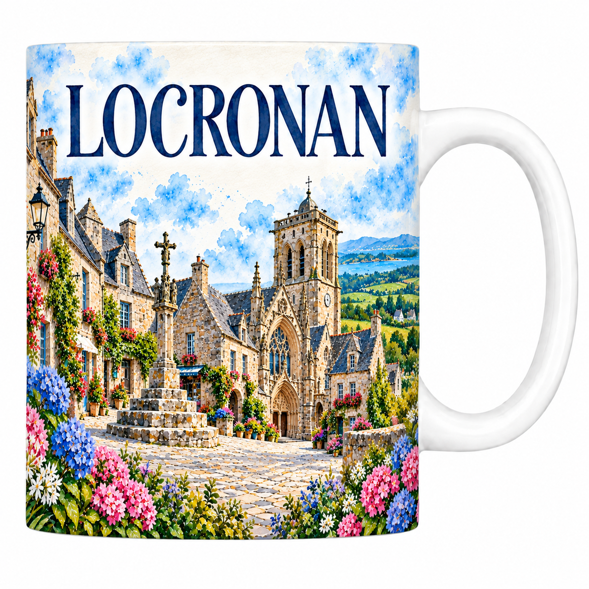 Mug céramique 330 ml Locronan : la place pavée et l'église en aquarelle