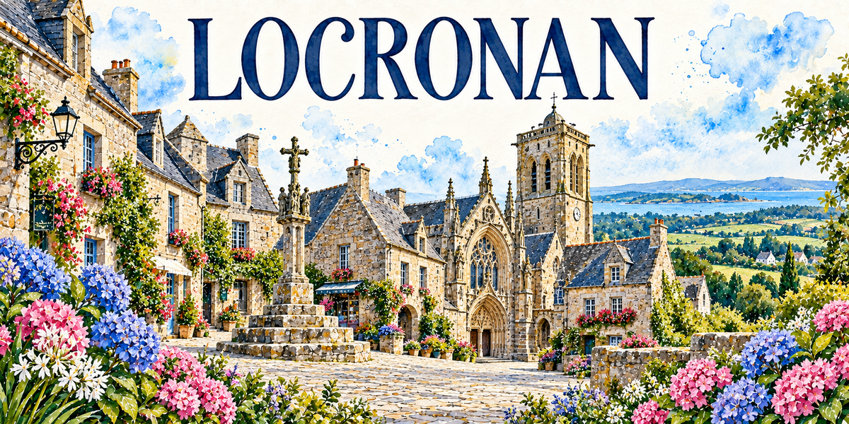 Locronan en aquarelle : les maisons de granit à lucarnes et toits d'ardoise bordant la place à gauche avec leur lanterne de fer forgé et leurs hortensias, la croix de pierre sur son emmarchement, l'église de granit et sa tour carrée à horloge au centre, le pavé en pente, la campagne et la baie au fond, hortensias bleus et roses et agapanthes au premier plan