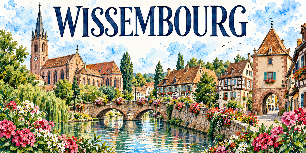 Wissembourg en aquarelle : l'abbatiale de grès et sa flèche à gauche, la rivière Lauter bordée de murs fleuris de géraniums et de saules, le pont de pierre à deux arches au centre, les maisons à colombages et à toits de tuiles, la Maison du Sel et son immense toiture à lucarnes à droite, la porte fortifiée en arc, lauriers-roses au premier plan