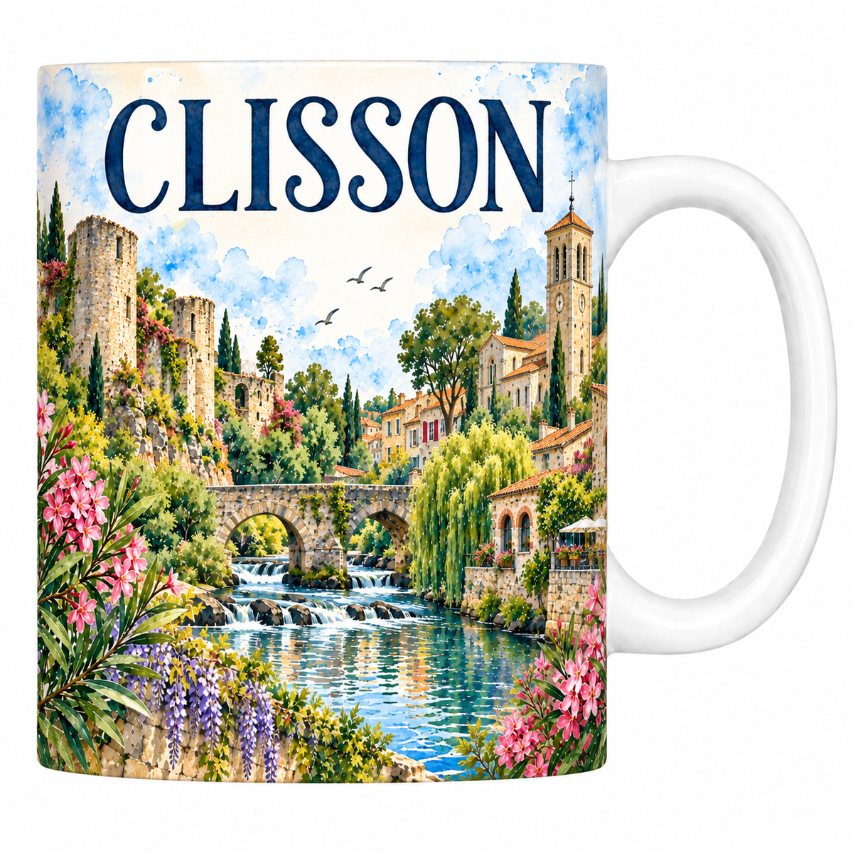 Mug céramique 330 ml Clisson : le château et la Sèvre en aquarelle