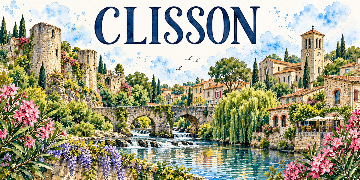 Clisson en aquarelle : les ruines du château et ses tours rondes dressées sur l'éperon rocheux à gauche, les maisons de pierre à toits de tuiles romaines et arcades, le clocher-campanile à horloge au centre, les cyprès et les saules pleureurs, le pont de pierre à arches, la Sèvre et ses cascades sur les rochers, glycines et lauriers-roses au premier plan