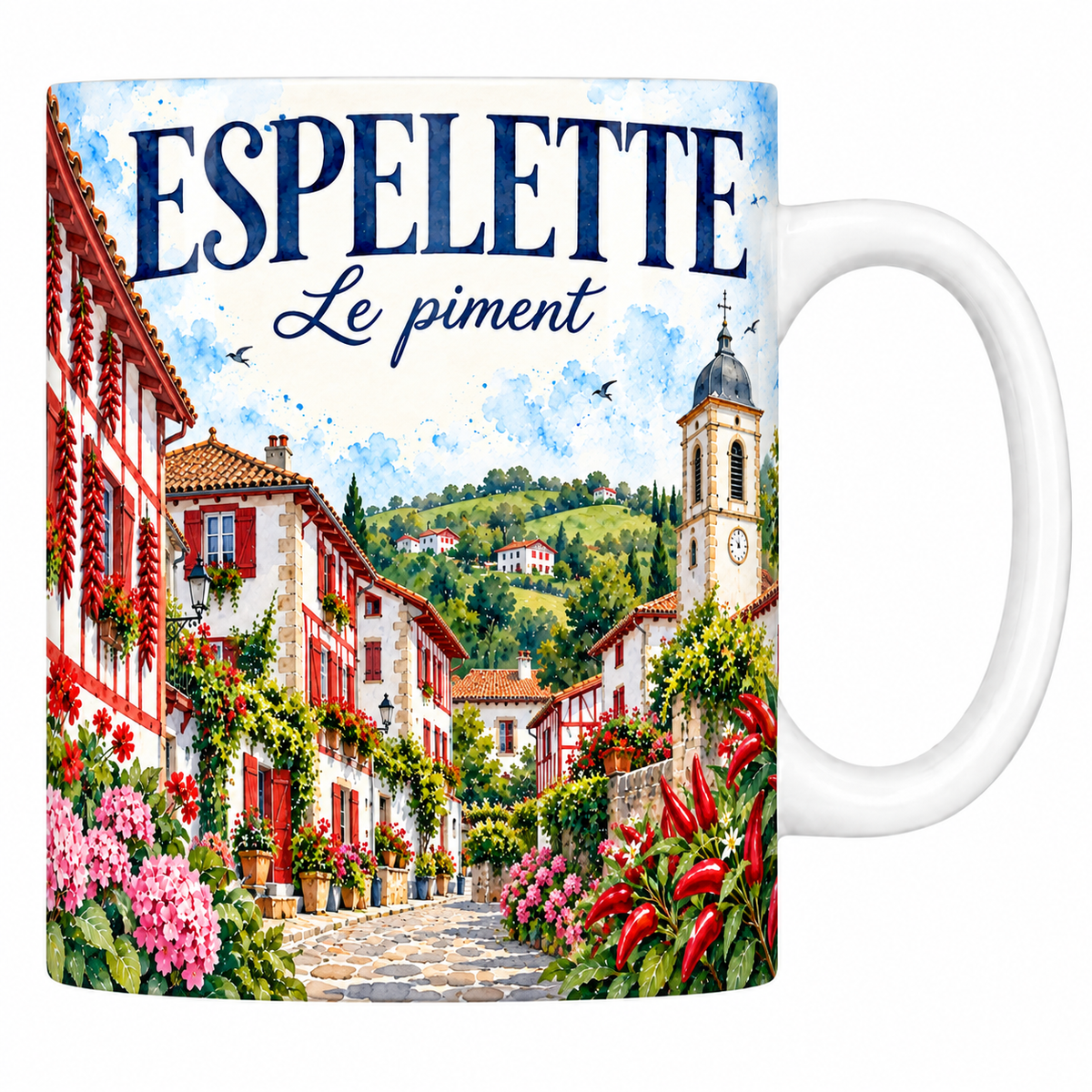 Mug céramique 330 ml Espelette : les façades basques et les cordes de piments en aquarelle