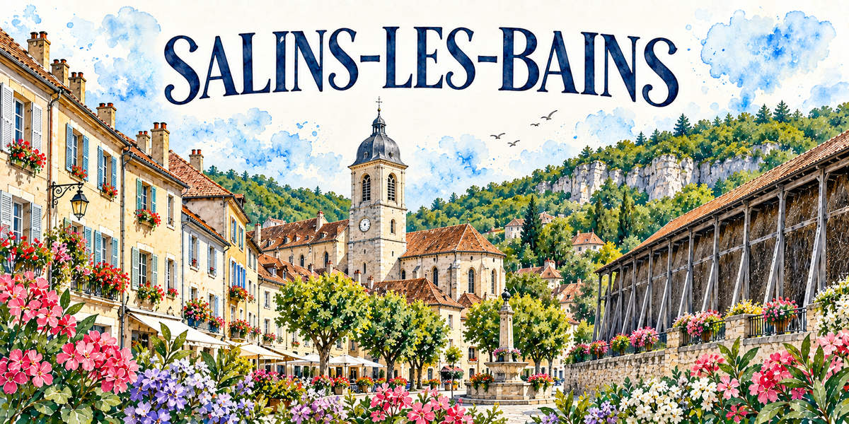Salins-les-Bains en aquarelle : la place pavée bordée de façades comtoises à volets, la fontaine-obélisque de pierre au centre, l'église et son clocher à bulbe à droite, la grande halle de bois à claire-voie, les toits de tuiles, les falaises boisées du Jura fermant l'horizon, fleurs et arbustes au premier plan