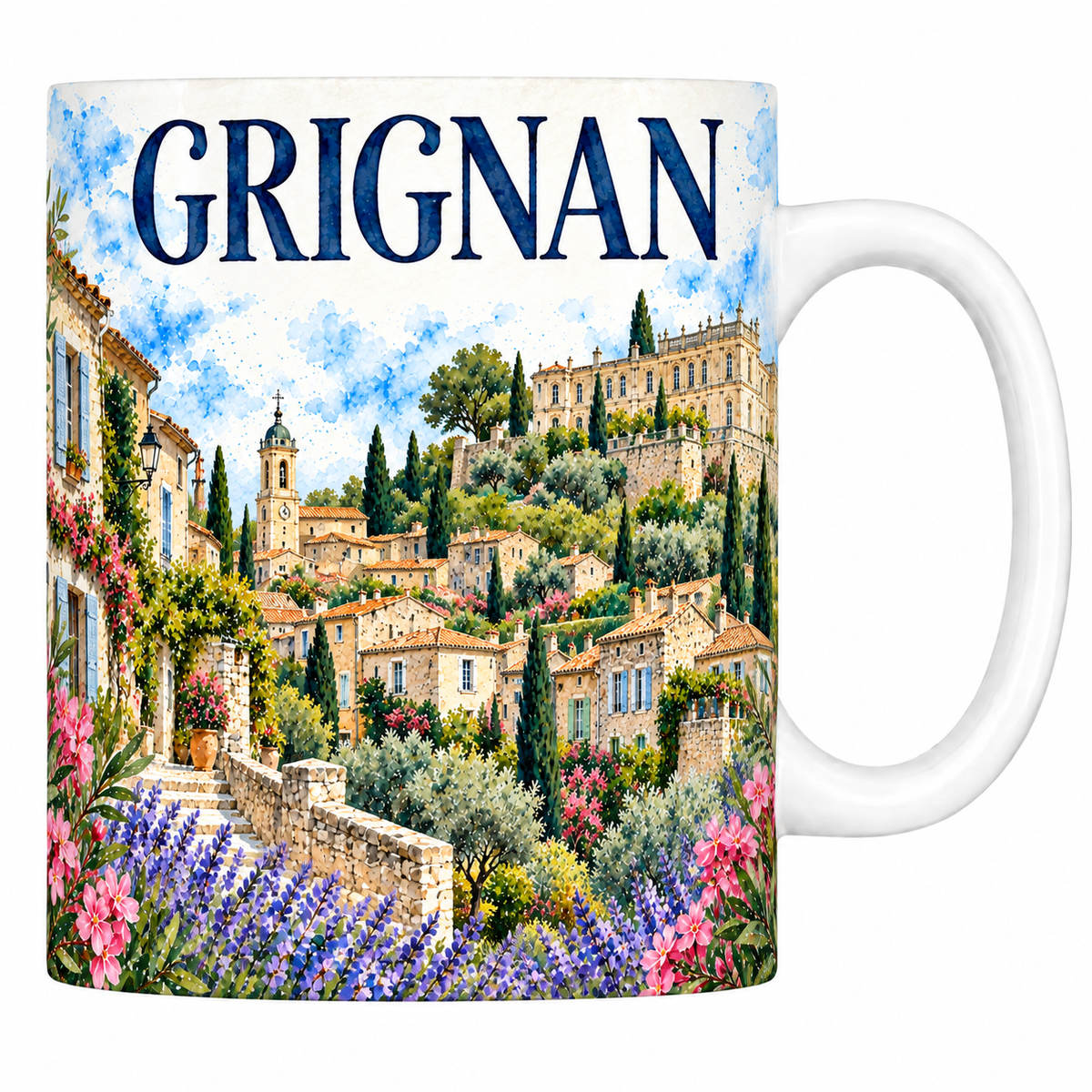 Mug céramique 330 ml Grignan : le château et le village étagé en aquarelle