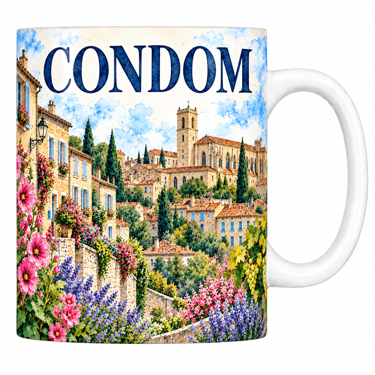 Mug céramique 330 ml Condom : la cathédrale et les toits de tuiles en aquarelle