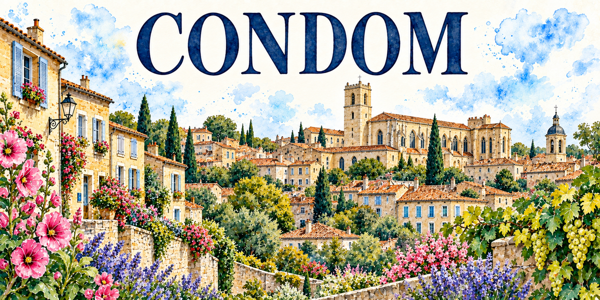 Condom en aquarelle : la cathédrale Saint-Pierre et son clocher massif de pierre blonde au centre, les maisons aux toits de tuiles canal étagées autour, les façades claires à volets, les cyprès et les arbres du quai, les vignes et la campagne gersoise au fond, fleurs et lauriers au premier plan