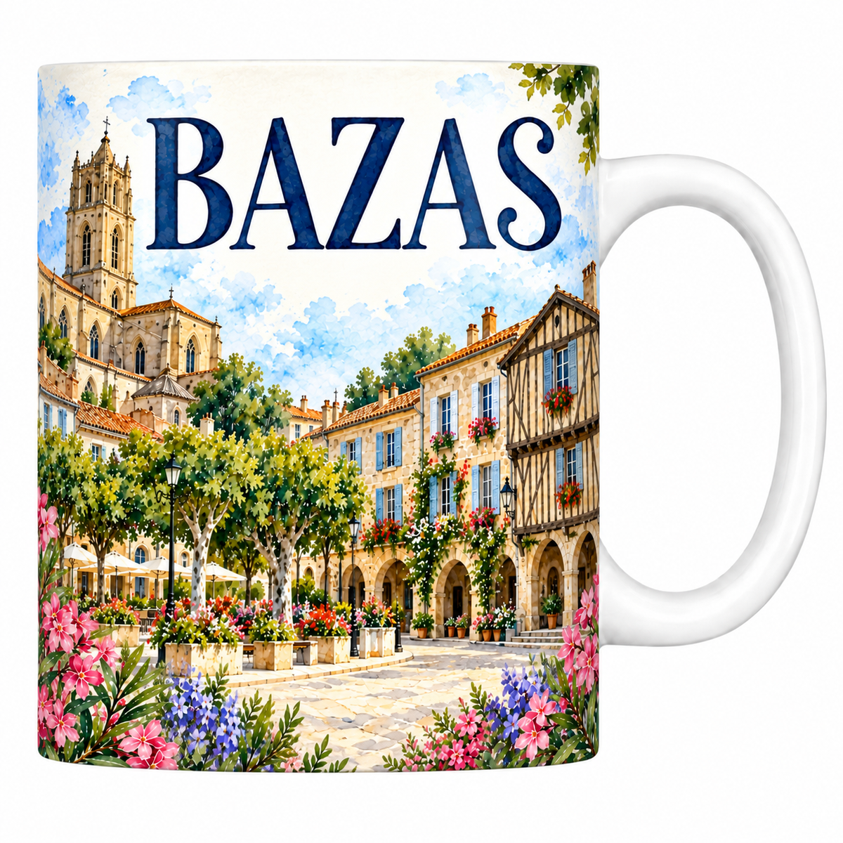 Mug céramique 330 ml Bazas : la place à arcades et la cathédrale en aquarelle
