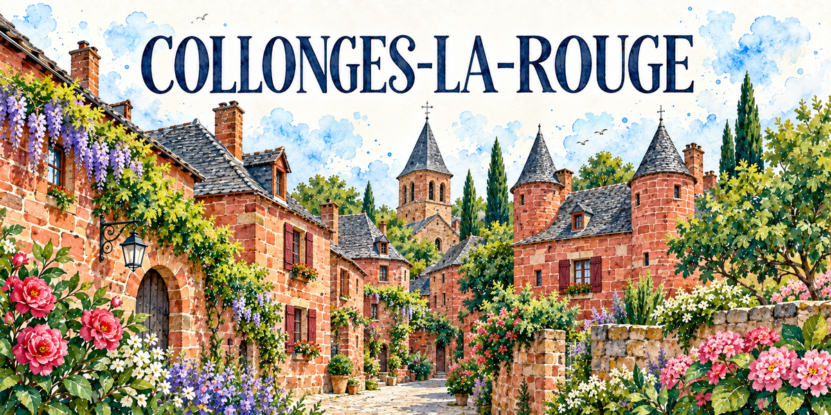 Collonges-la-Rouge en aquarelle : la ruelle pavée bordée de maisons de grès rouge sombre, les tourelles en poivrière coiffées de toits pointus d'ardoise, les fenêtres à meneaux et les volets de bois, le clocher roman carré au fond de la rue, les glycines mauves retombant sur les murs, la végétation du Limousin, fleurs et feuillages au premier plan
