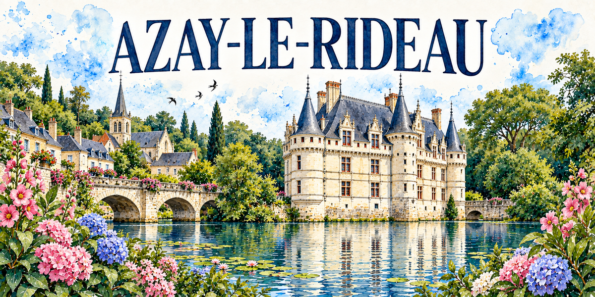 Azay-le-Rideau en aquarelle : le château Renaissance de tuffeau clair et ses tourelles coiffées d'ardoise se reflétant dans l'eau au centre, le pont de pierre à trois arches à gauche, le clocher de l'église et les maisons du village derrière les arbres, les nénuphars en fleur sur le miroir d'eau, hortensias roses et bleus au premier plan