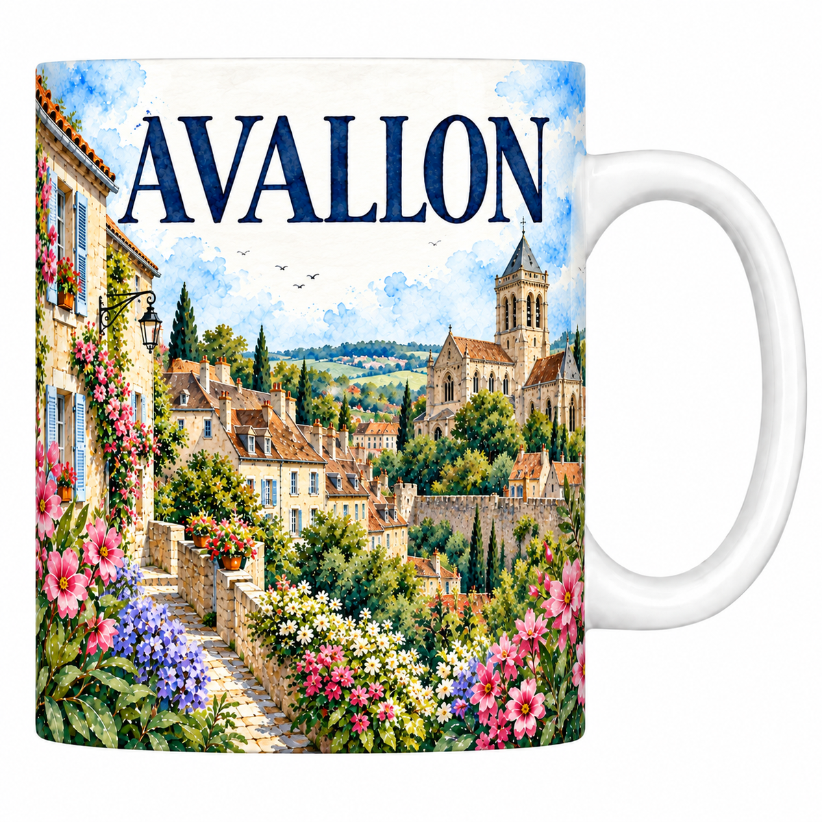 Mug céramique 330 ml Avallon : la ruelle, la collégiale et les remparts en aquarelle