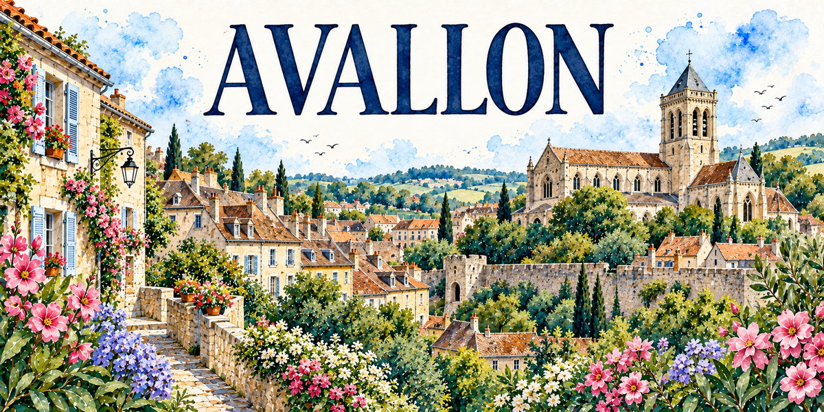 Avallon en aquarelle : la ruelle en pente bordée à gauche de maisons de pierre blonde à volets bleus et de rosiers grimpants, la lanterne de fer forgé, le muret de pierre, la collégiale au long toit de tuiles et son clocher carré au centre, les remparts et les toits étagés du bourg, la vallée verte du Morvan au fond, hortensias et fleurs blanches au premier plan