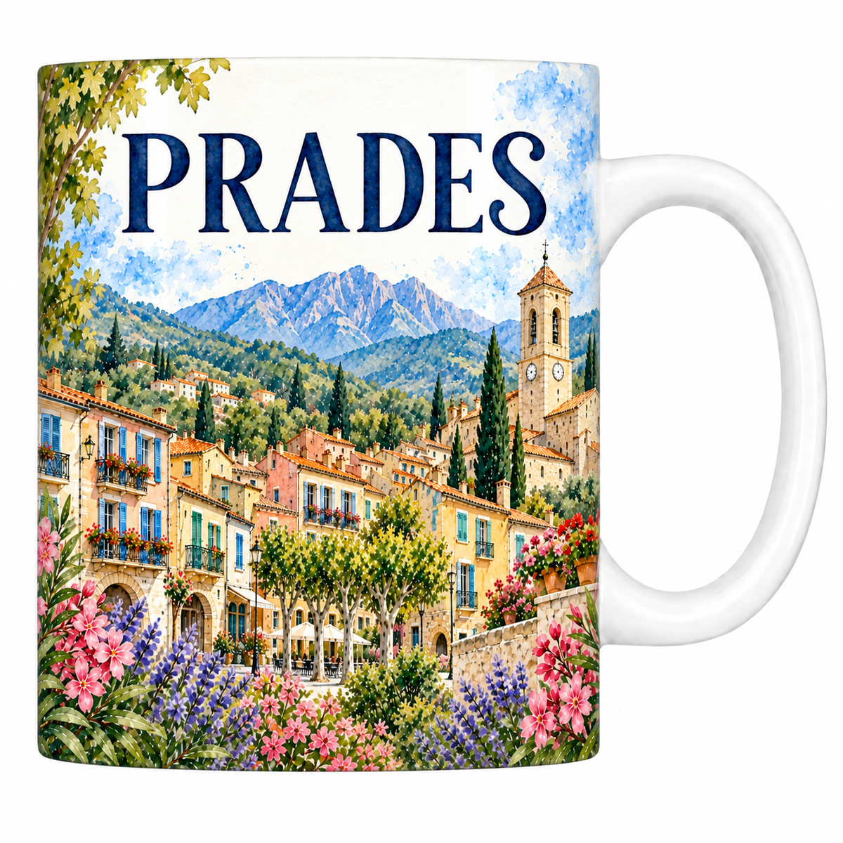 Mug céramique 330 ml Prades : la place à platanes et le clocher roman en aquarelle